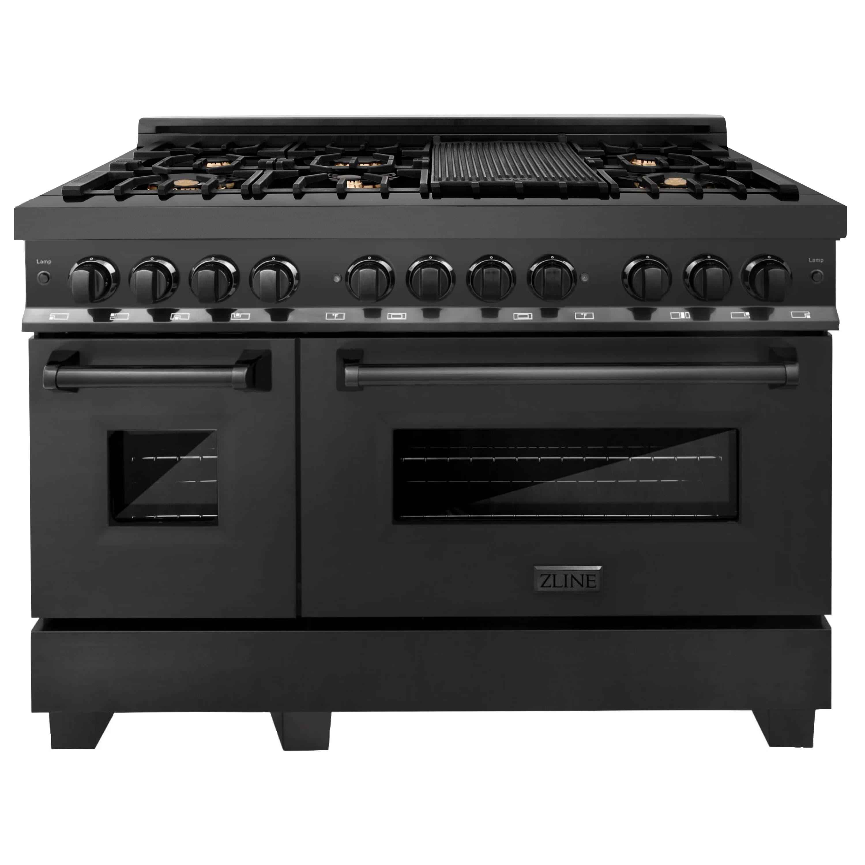 Black dual fuel range with brass burners and control knobs