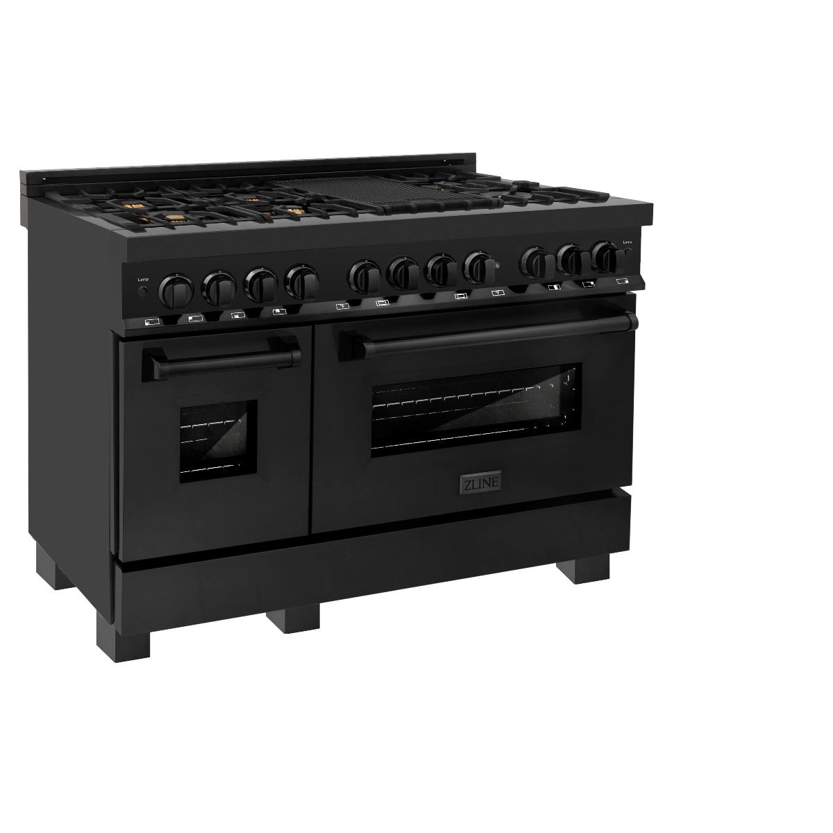 Black dual fuel range with two oven doors, control knobs, and front burner area