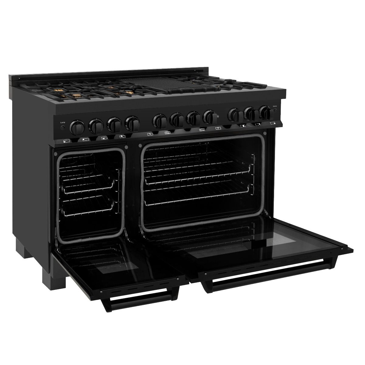 Black dual fuel range with oven doors open, showing two dark glass cooking chambers.