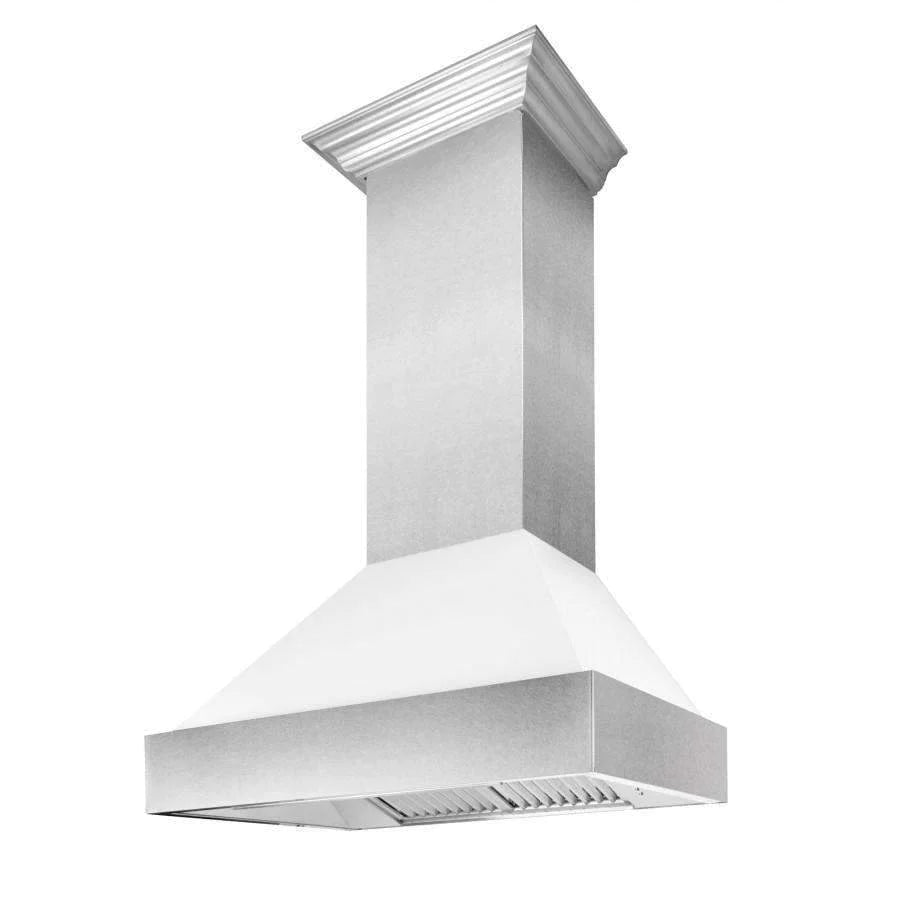 Satin stainless steel chimney-style range hood with side vent panels