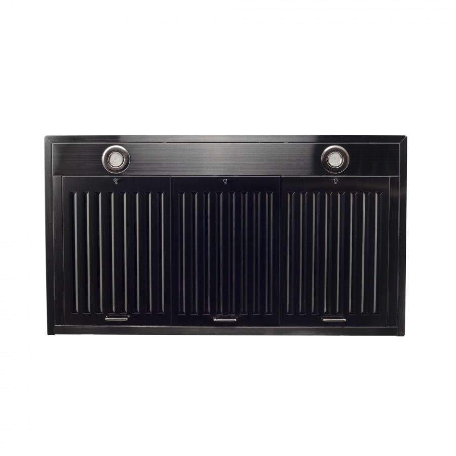 Black stainless steel range hood underside with vent grilles and two circular fasteners.