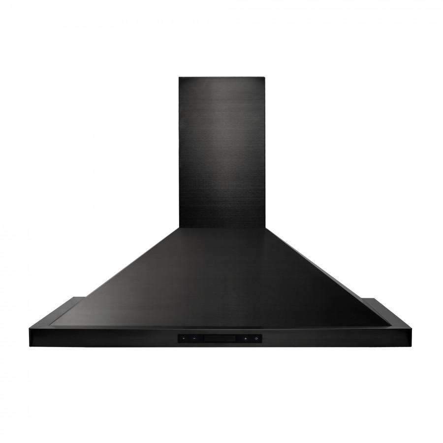 Black stainless steel wall range hood with front control strip and chimney flue.