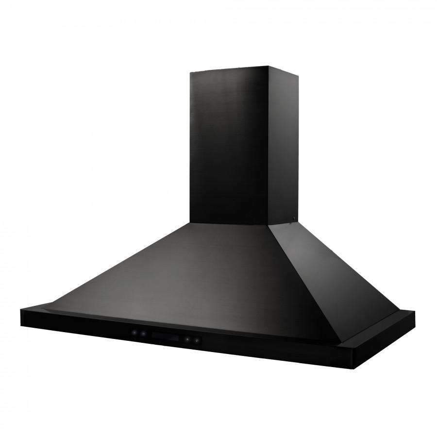 Black stainless steel wall-mount range hood canopy with textured finish.