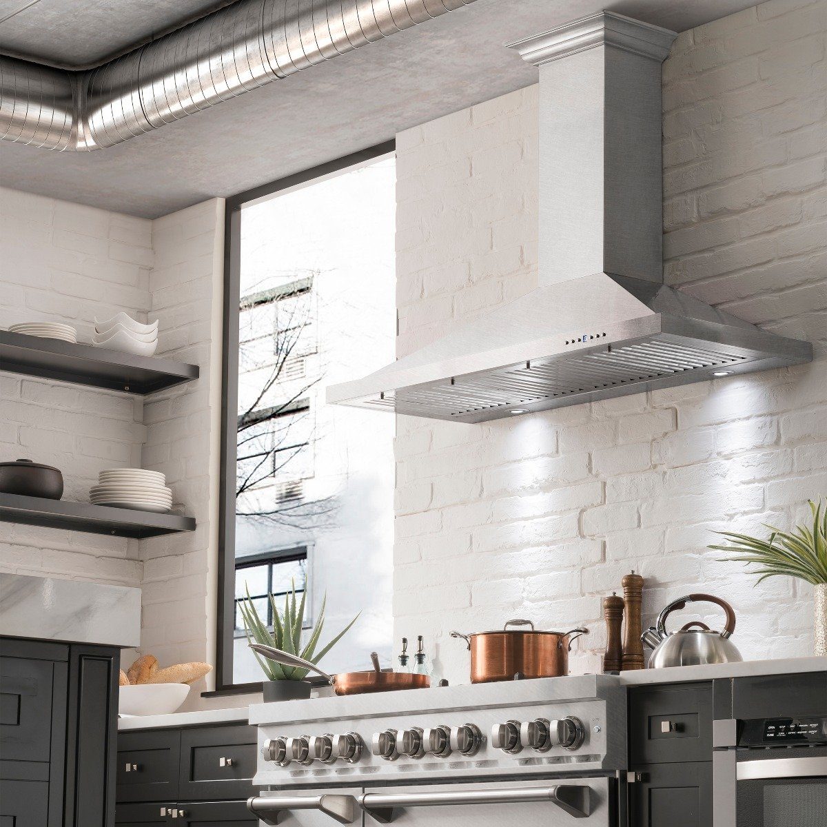 Stainless steel convertible range hood with chimney and vented canopy