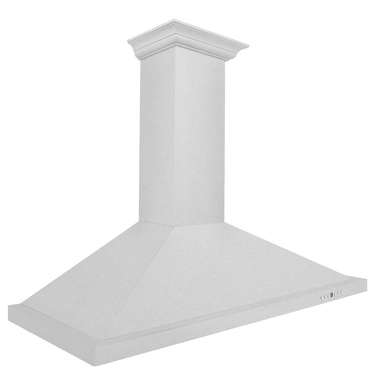 Convertible stainless steel range hood with tall chimney and flared canopy