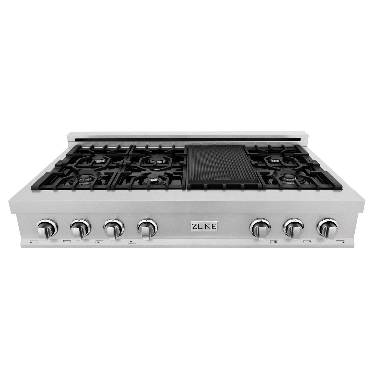 Satin stainless steel gas rangetop with black grates and central grill insert