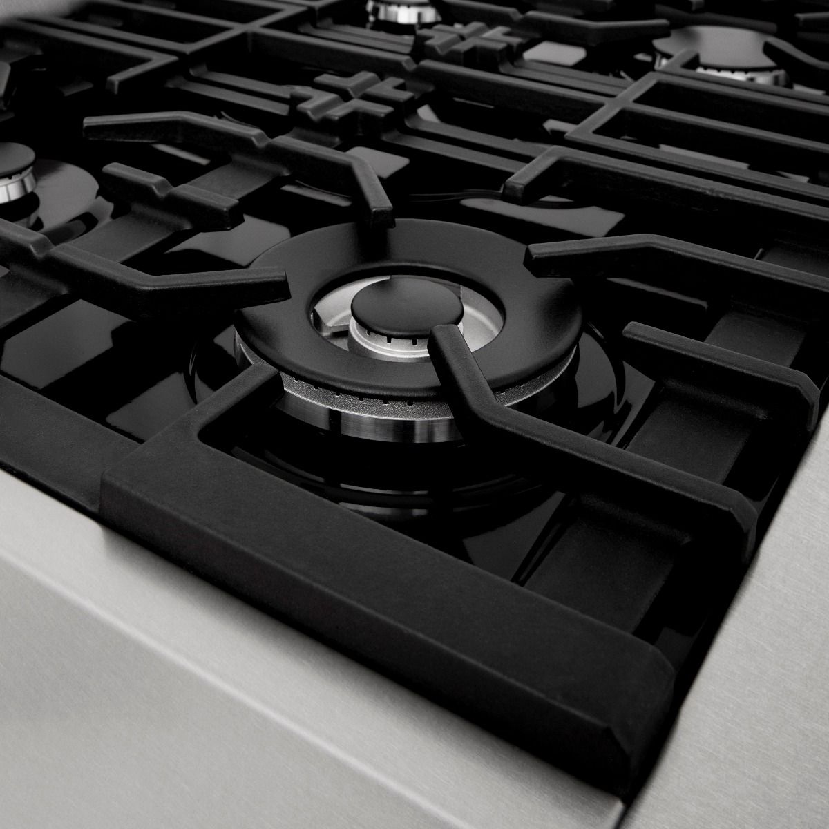 Close-up of black burner grate and metal burner ring on satin stainless steel