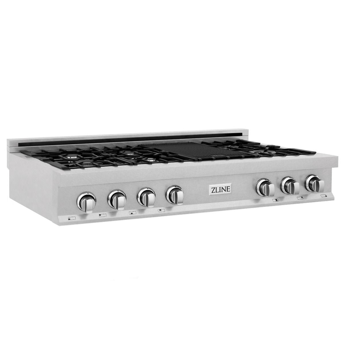 Satin stainless steel gas rangetop with black grates and right-side control knobs