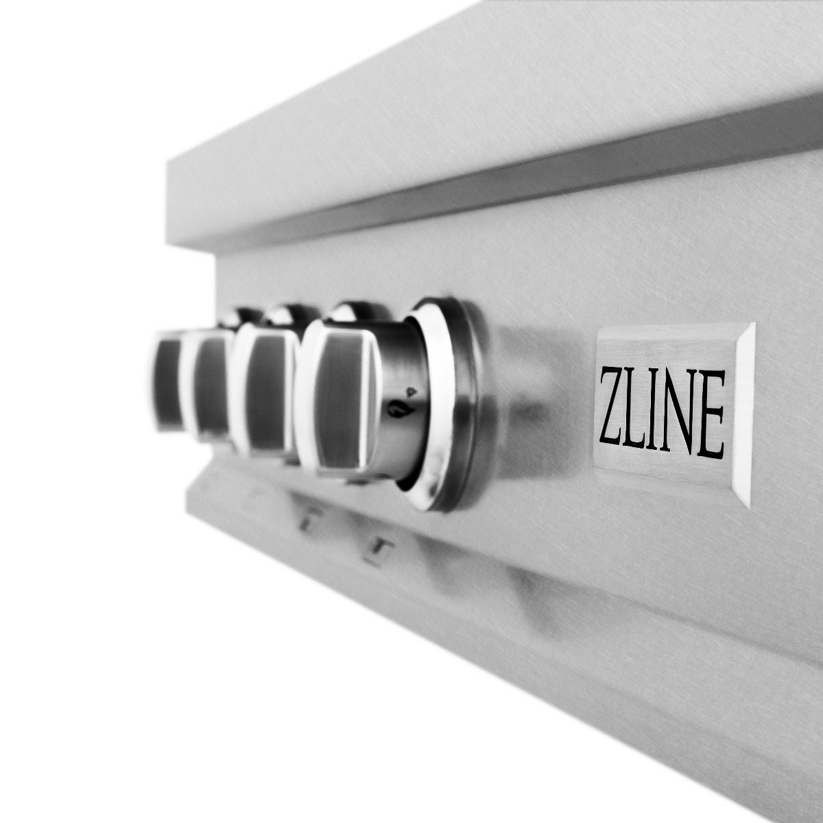 Satin stainless steel gas rangetop control knobs with ZLINE label