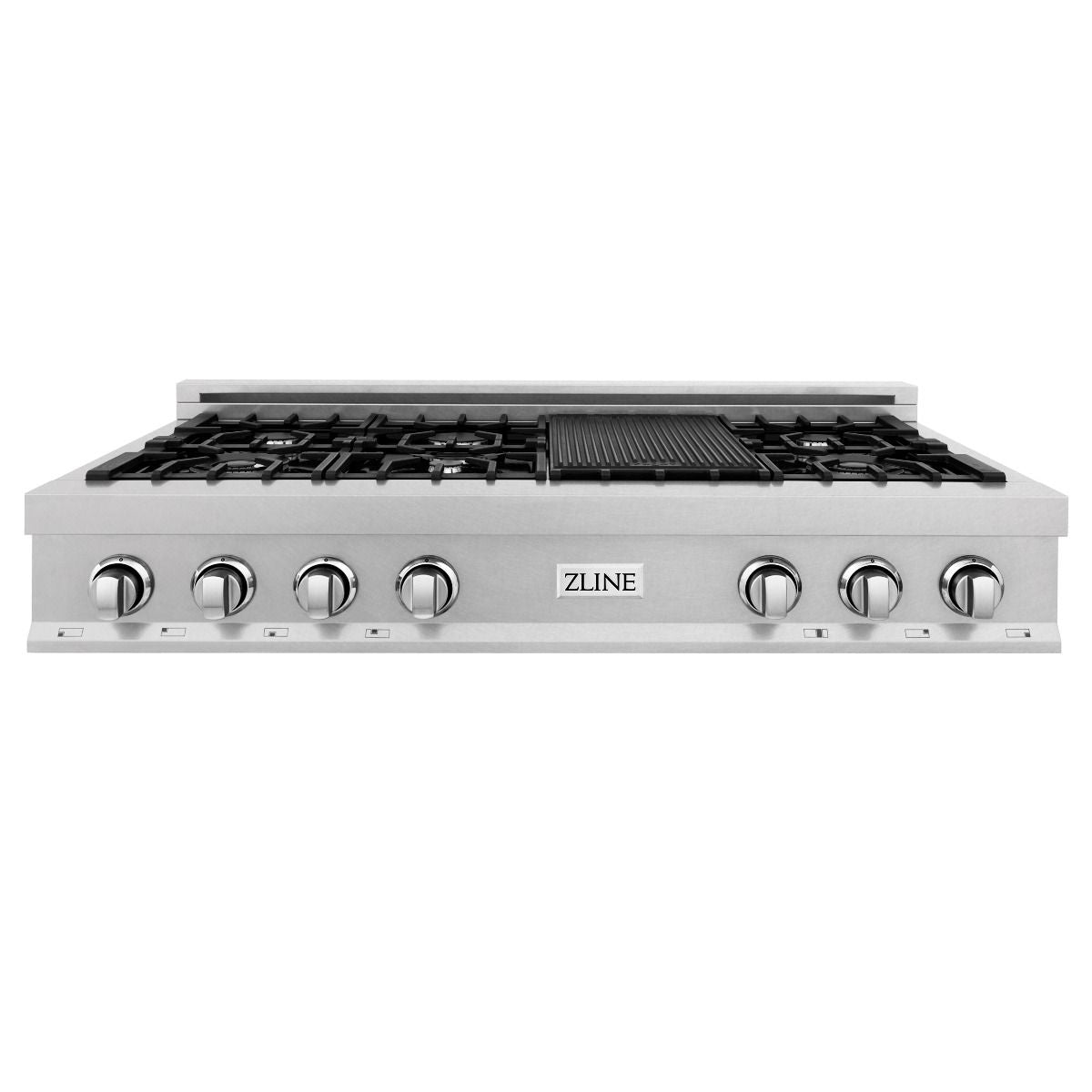 Satin stainless steel gas rangetop with black grates and front control knobs