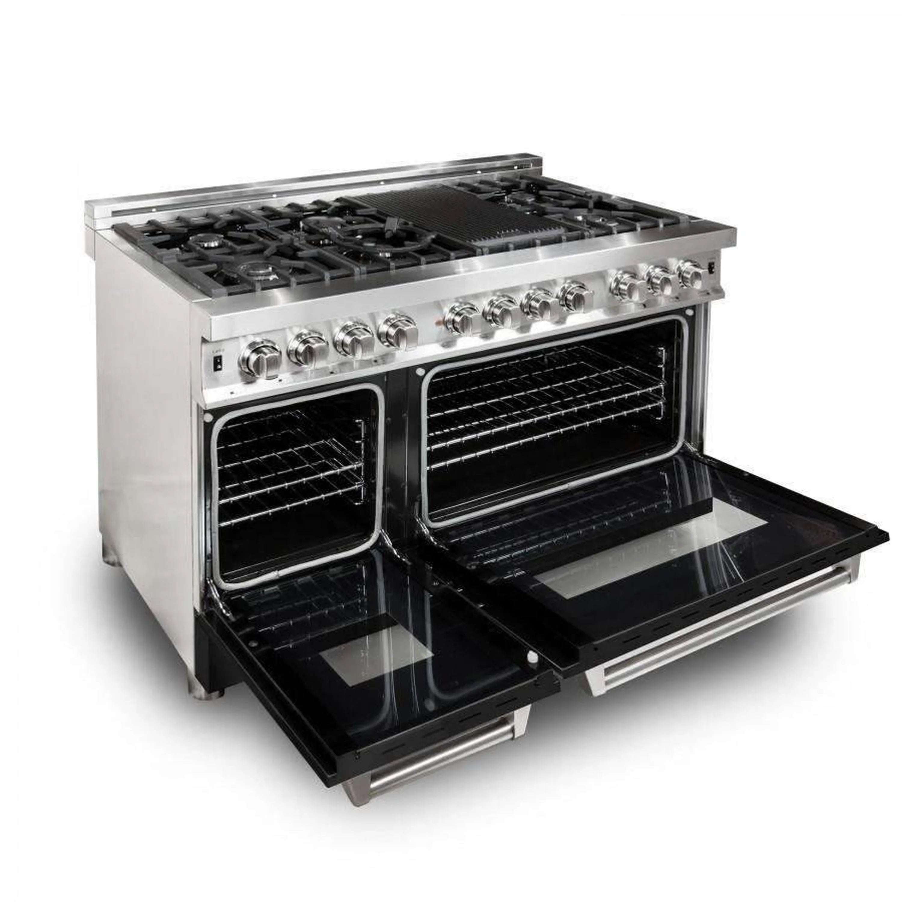 Stainless dual fuel range with open oven doors and front control knobs