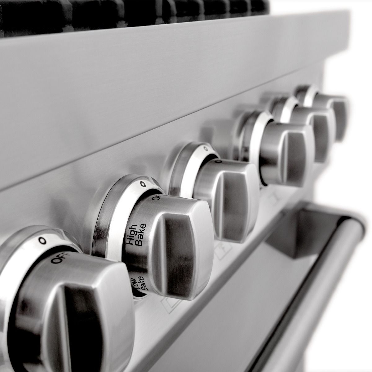Stainless control knob row for dual fuel range with black dial caps