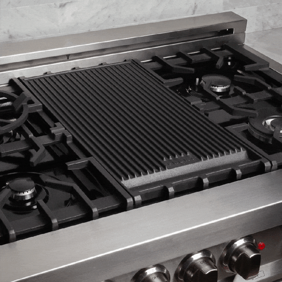 Dual fuel range cooktop with black griddle and cast-iron grate burners