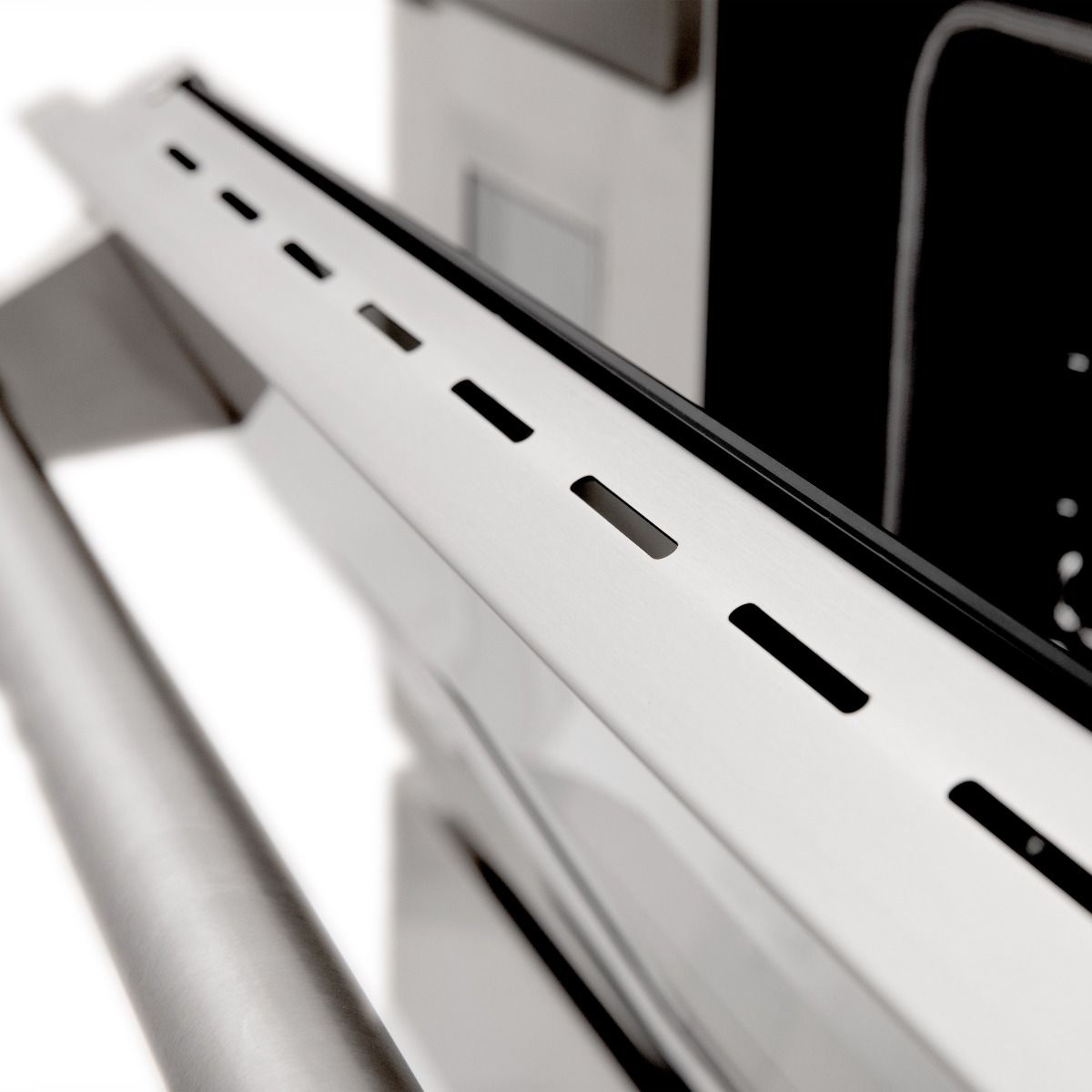 Stainless side panel with long vent slots on dual fuel range