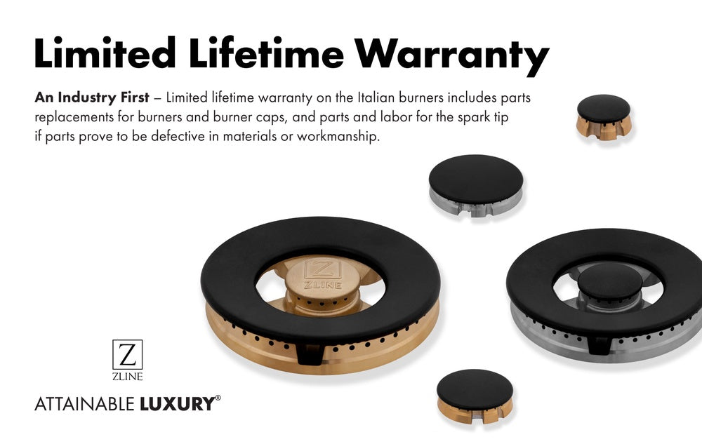 Limited lifetime warranty graphic for ZLINE dual fuel burners
