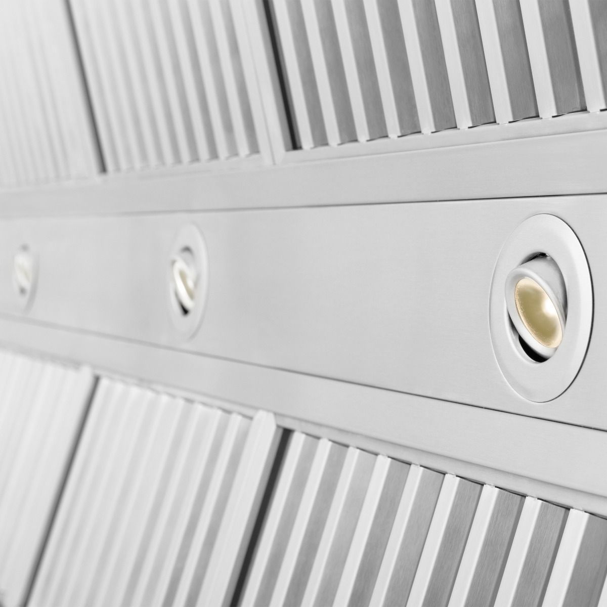 Stainless steel hood insert light and vent slats on the underside panel