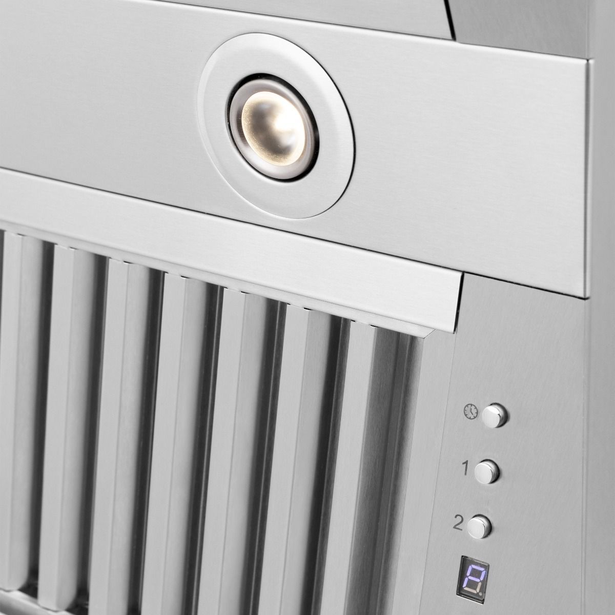 Stainless steel hood insert with circular light, vertical grille, and control buttons
