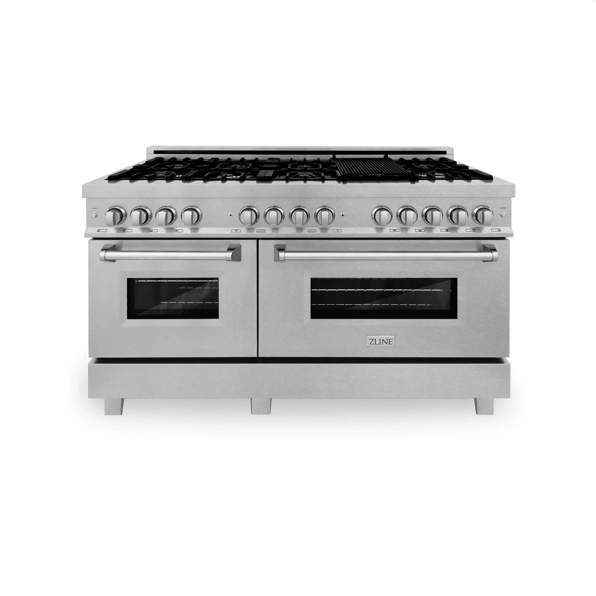 Stainless dual fuel range front view with two oven doors and black burner grates