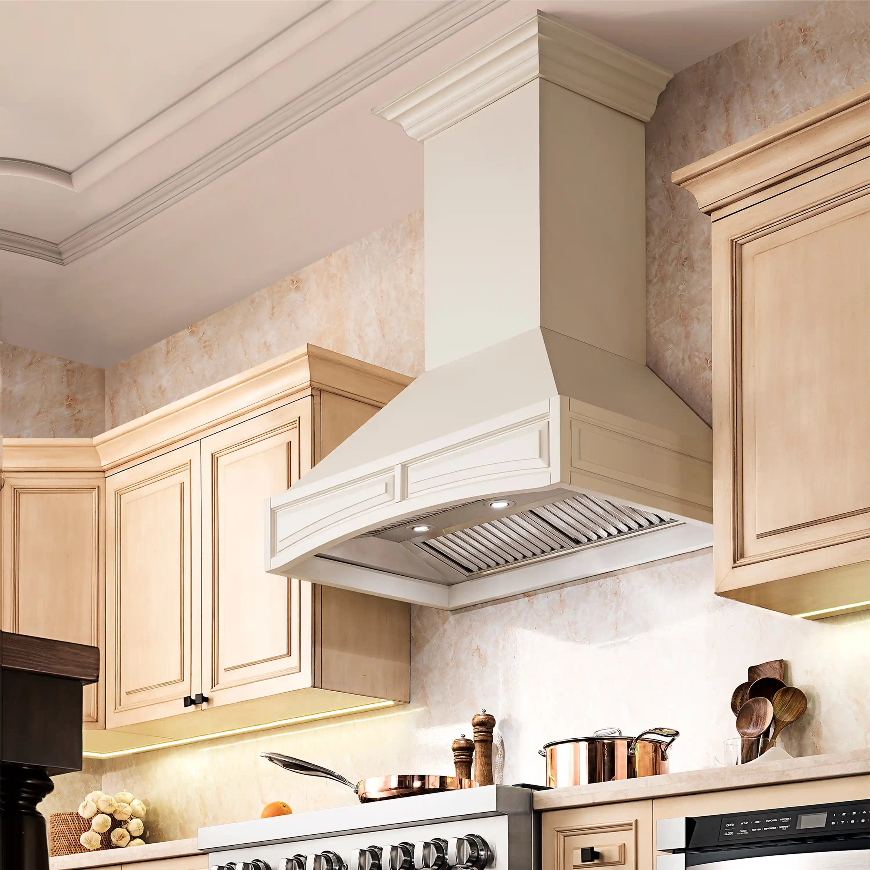 White wall-mount range hood with chimney, vent cover and decorative trim