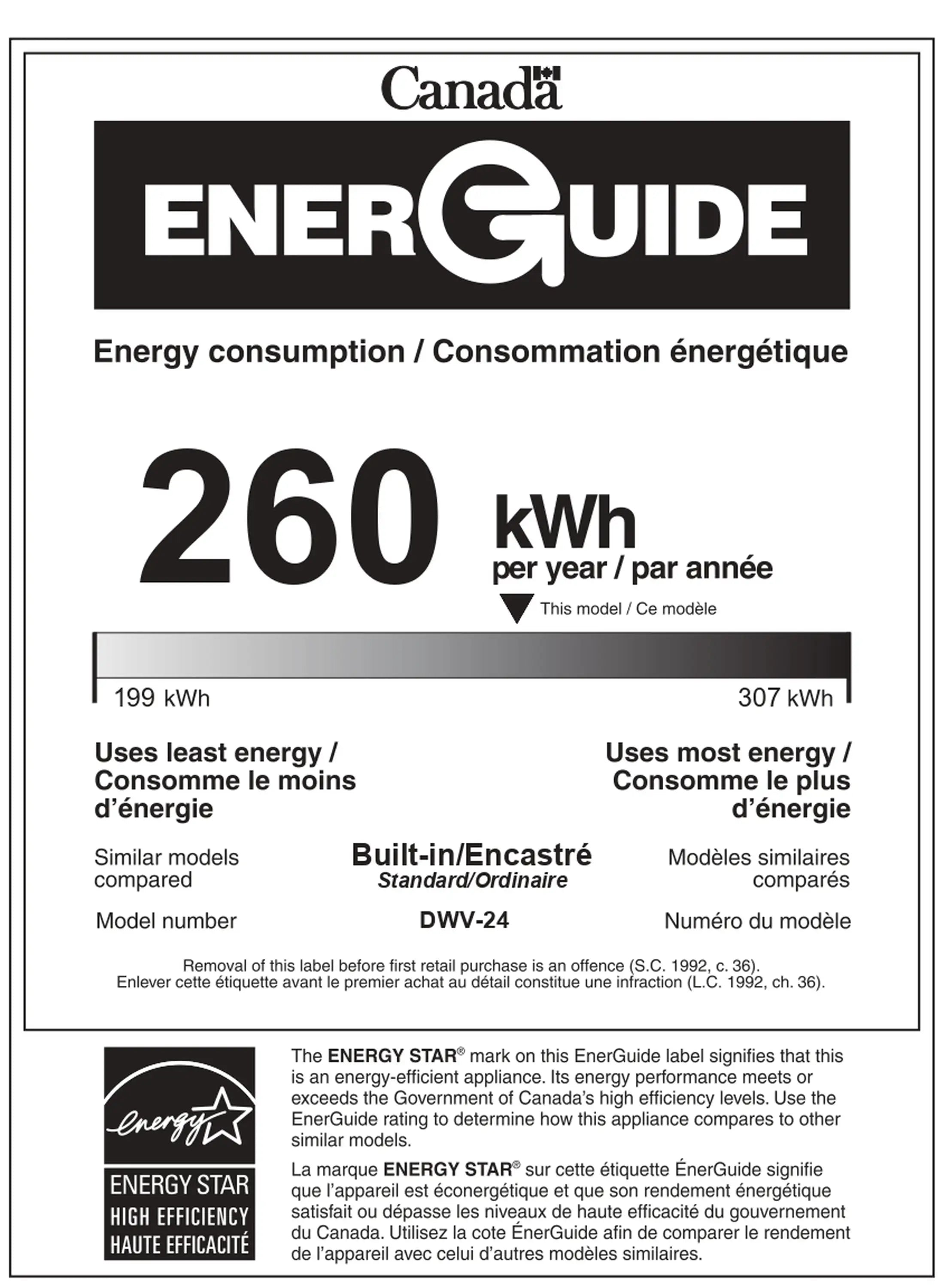 ENERGUIDE Canada energy consumption label with 260 kWh per year and model details