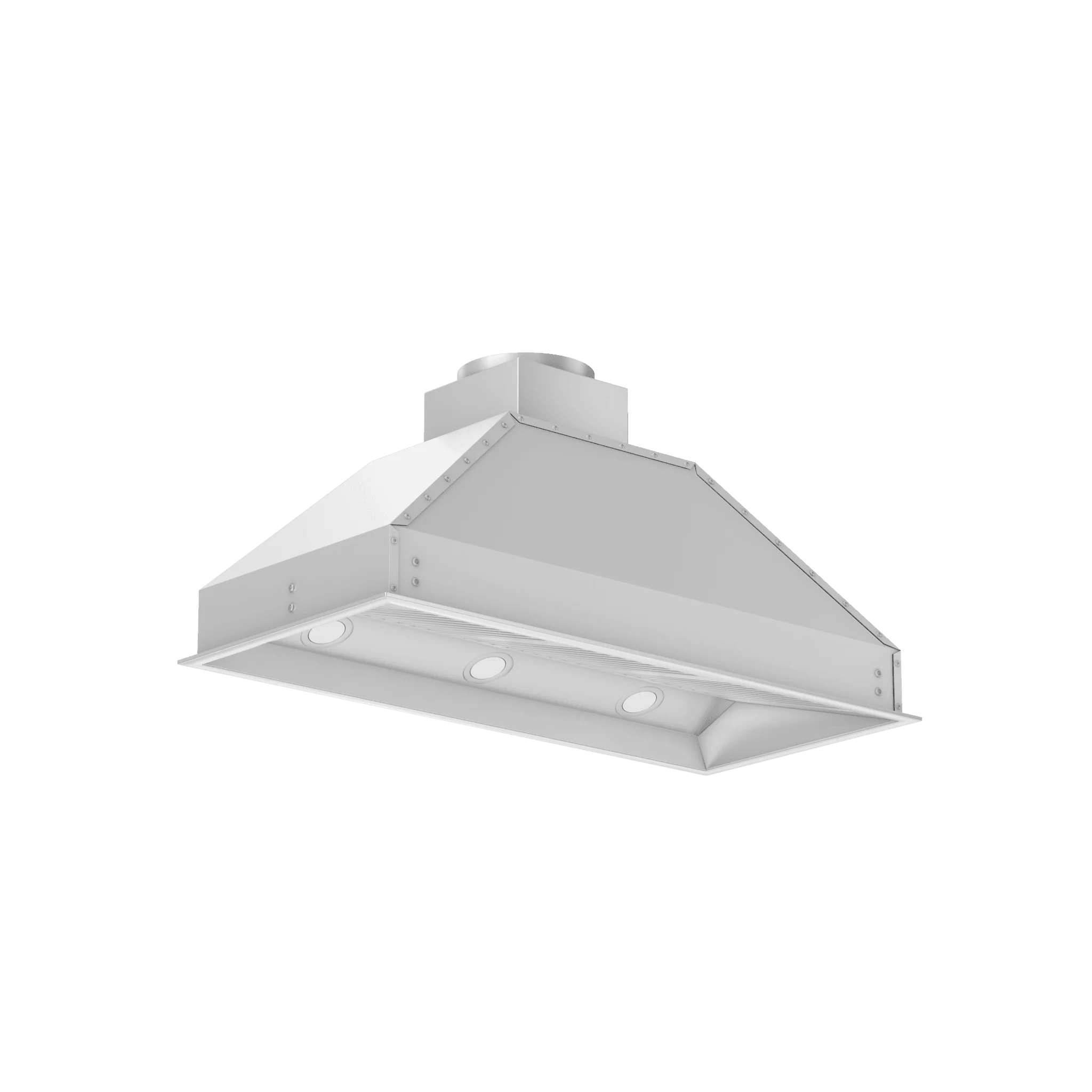 Stainless steel range hood insert canopy with motor outlet, front view