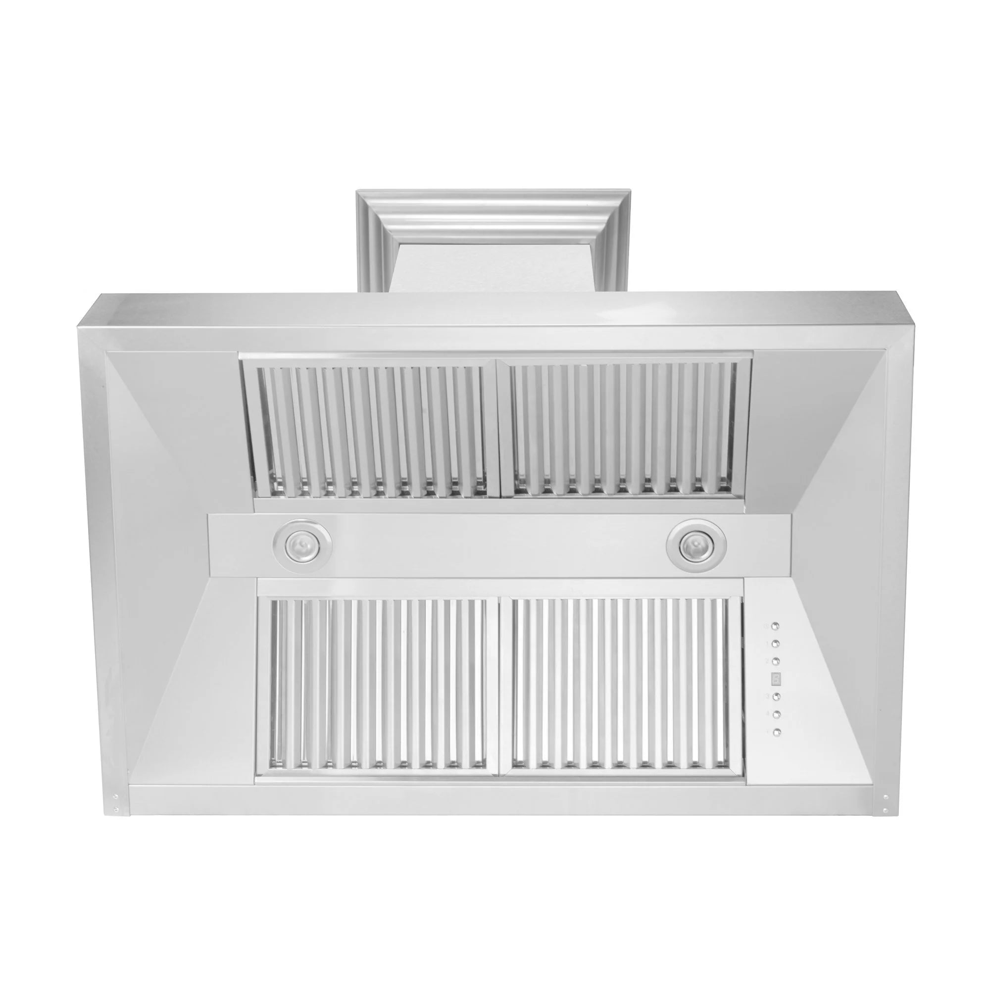 Wall-mounted range hood with vent slats and chimney flue, satin stainless steel