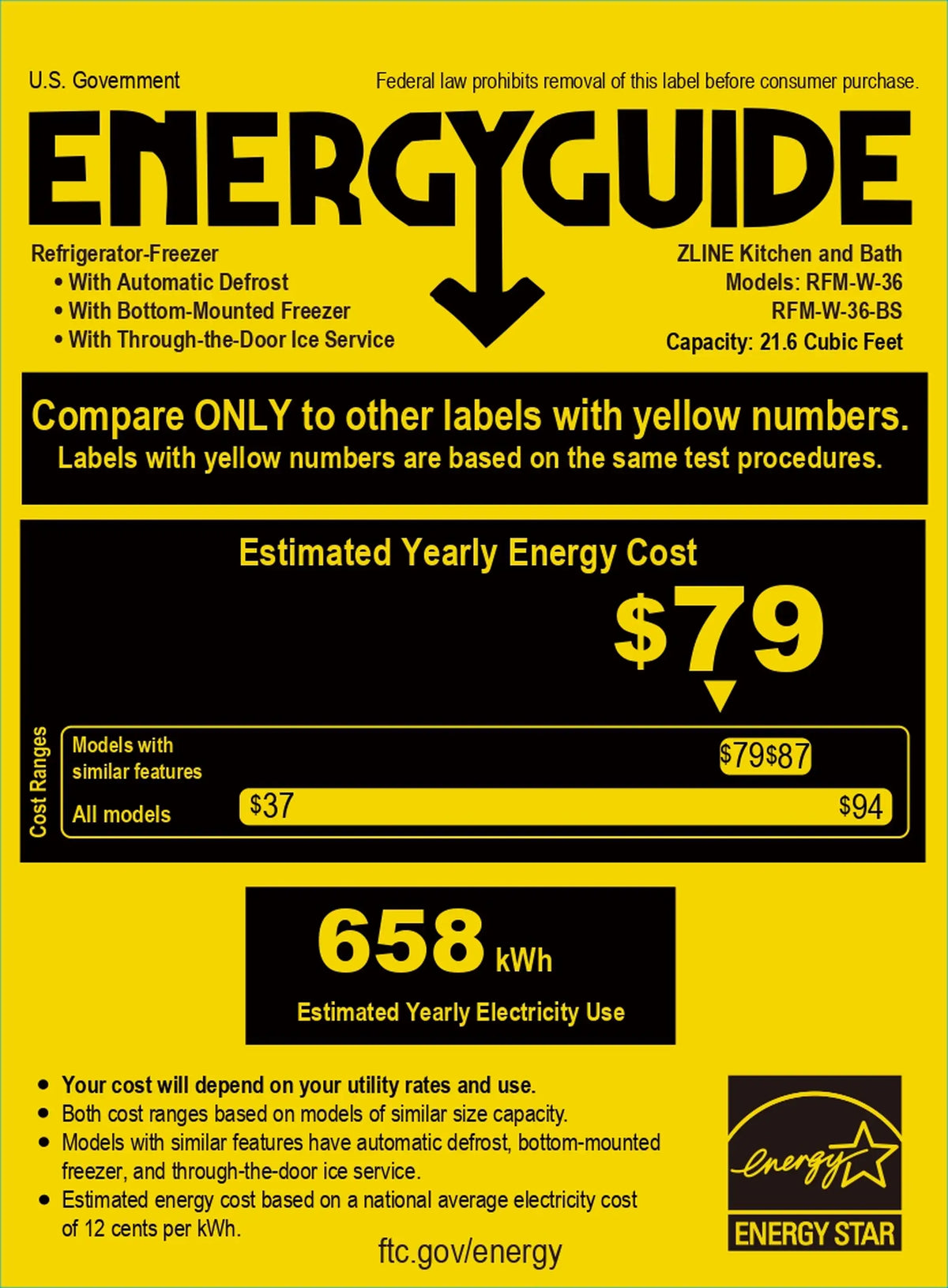 Energy guide label with estimated yearly cost and electricity use