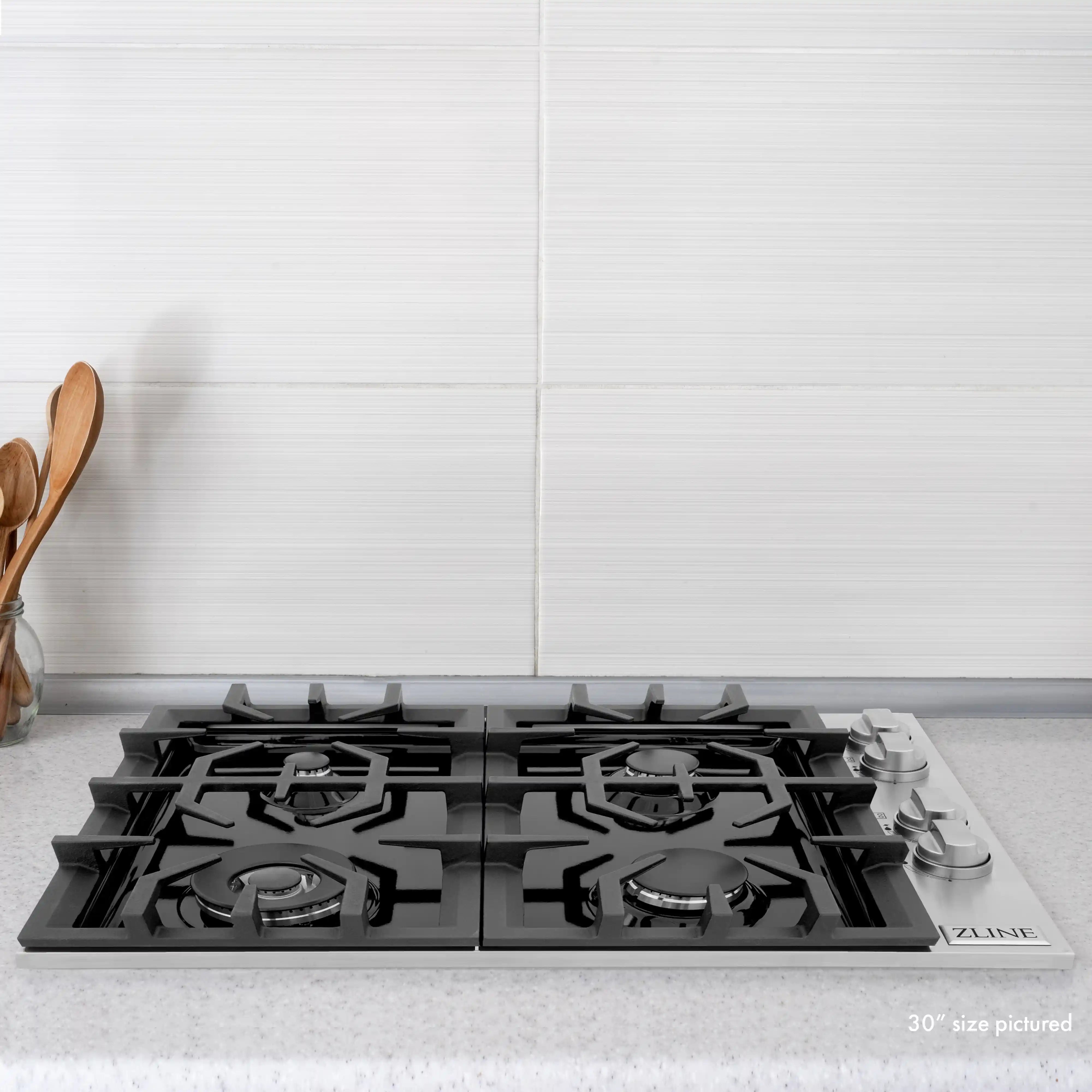 36-inch black gas cooktop with six burners and black porcelain top