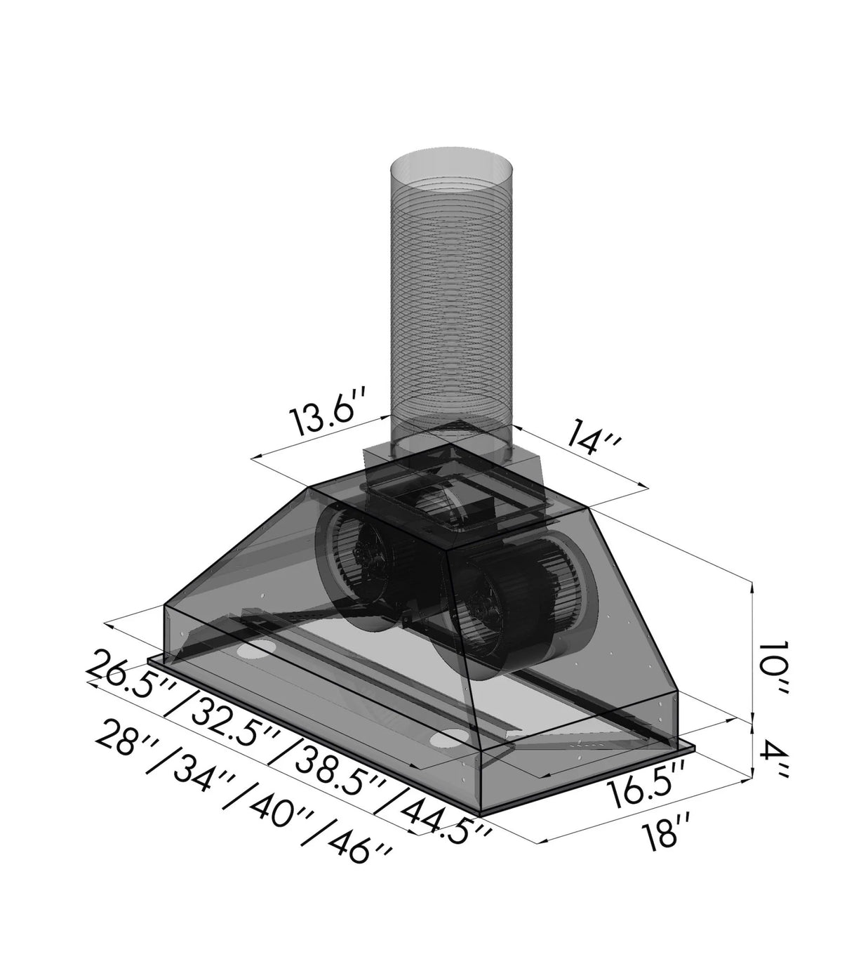 Stainless steel range hood insert diagram with black chimney and circular fan outlets