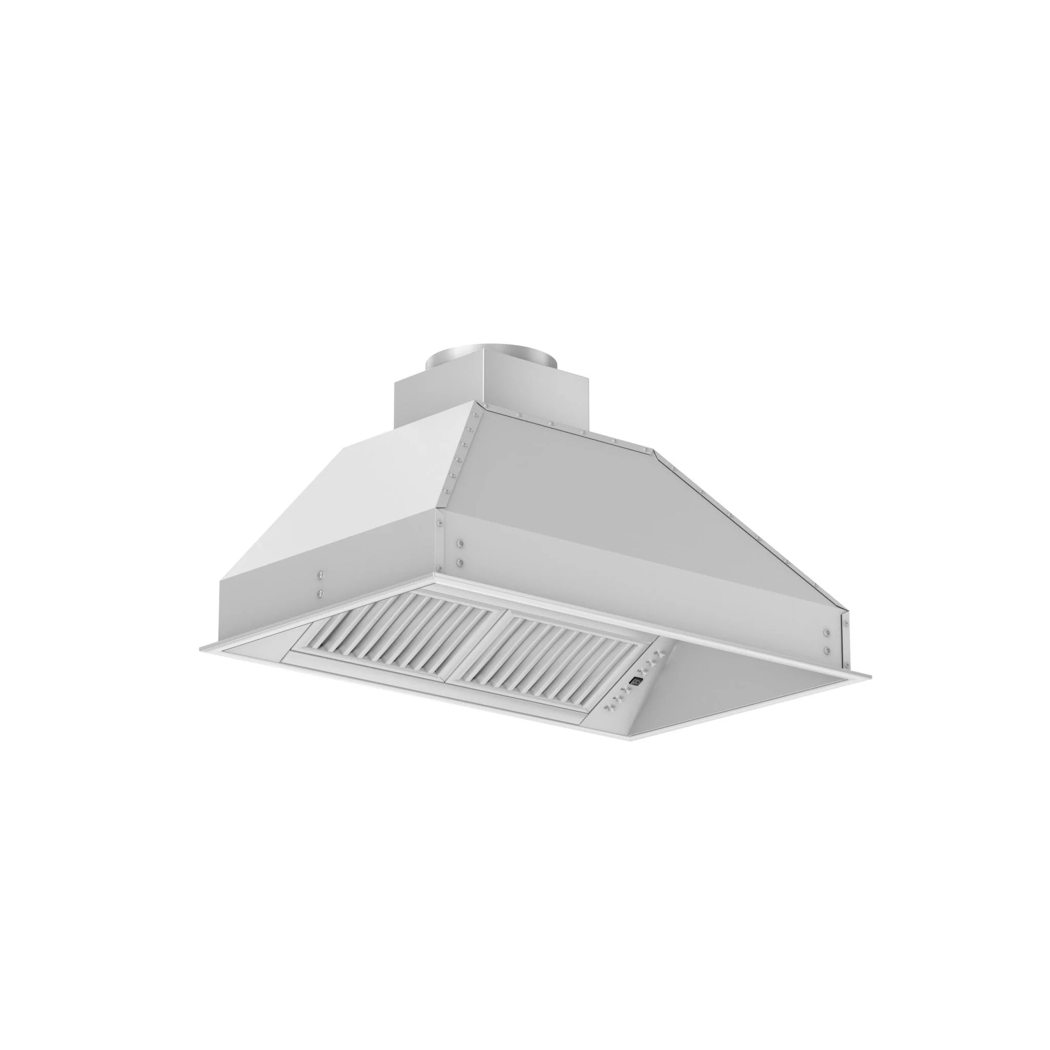 Stainless steel range hood insert with recessed vent grille and angled canopy