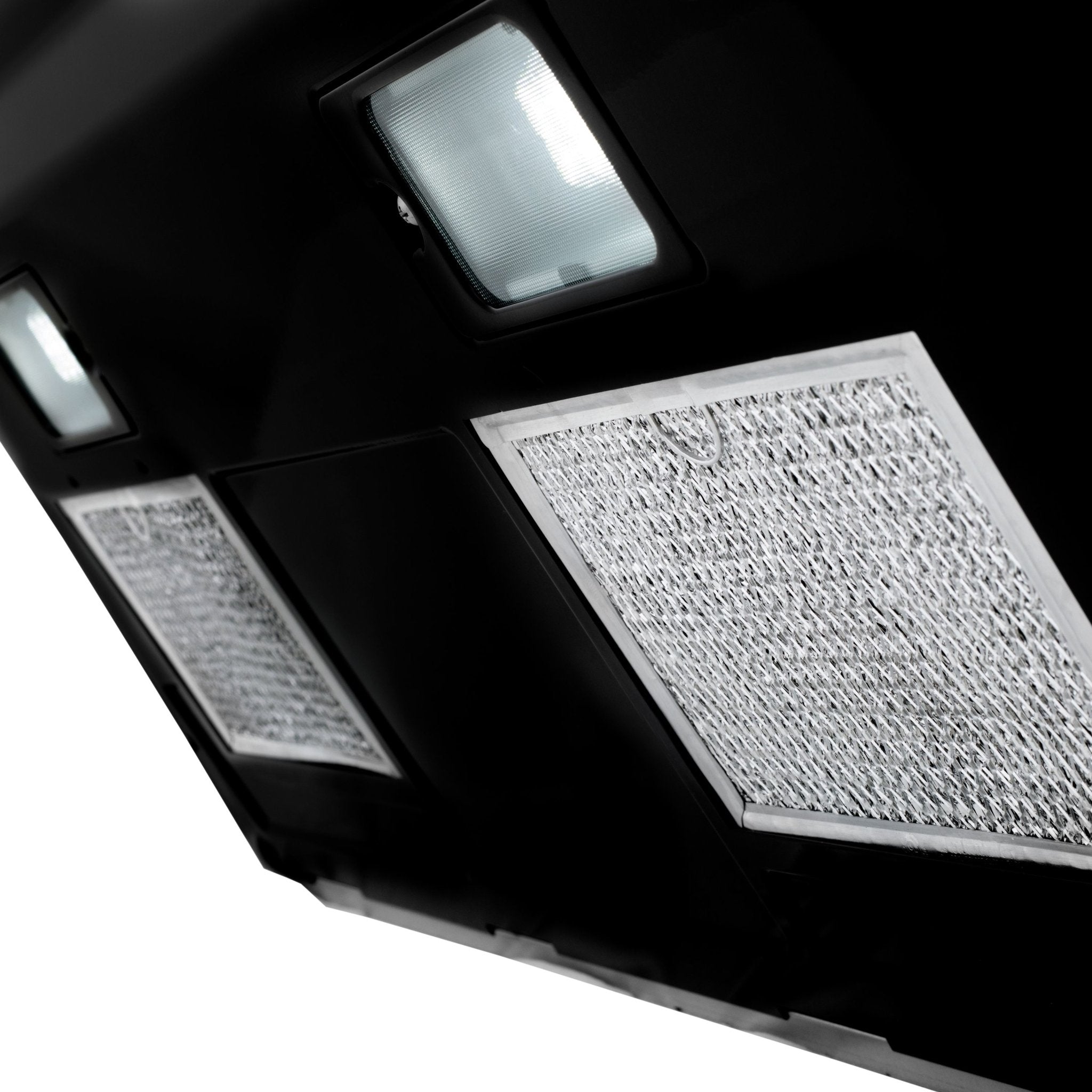 ZLINE vent hood close-up of mesh filters and square light fixtures
