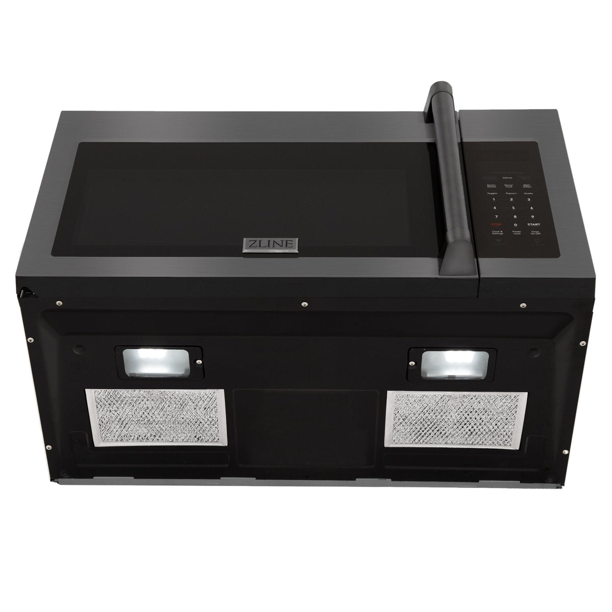Over-the-range microwave hood underside with two mesh filters and lights