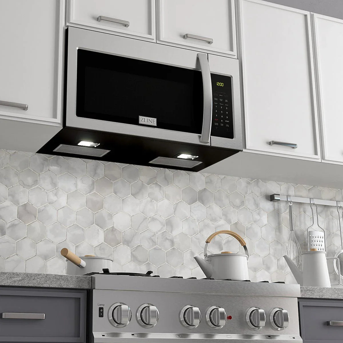 Over-the-range microwave over stainless gas range with illuminated vent lights