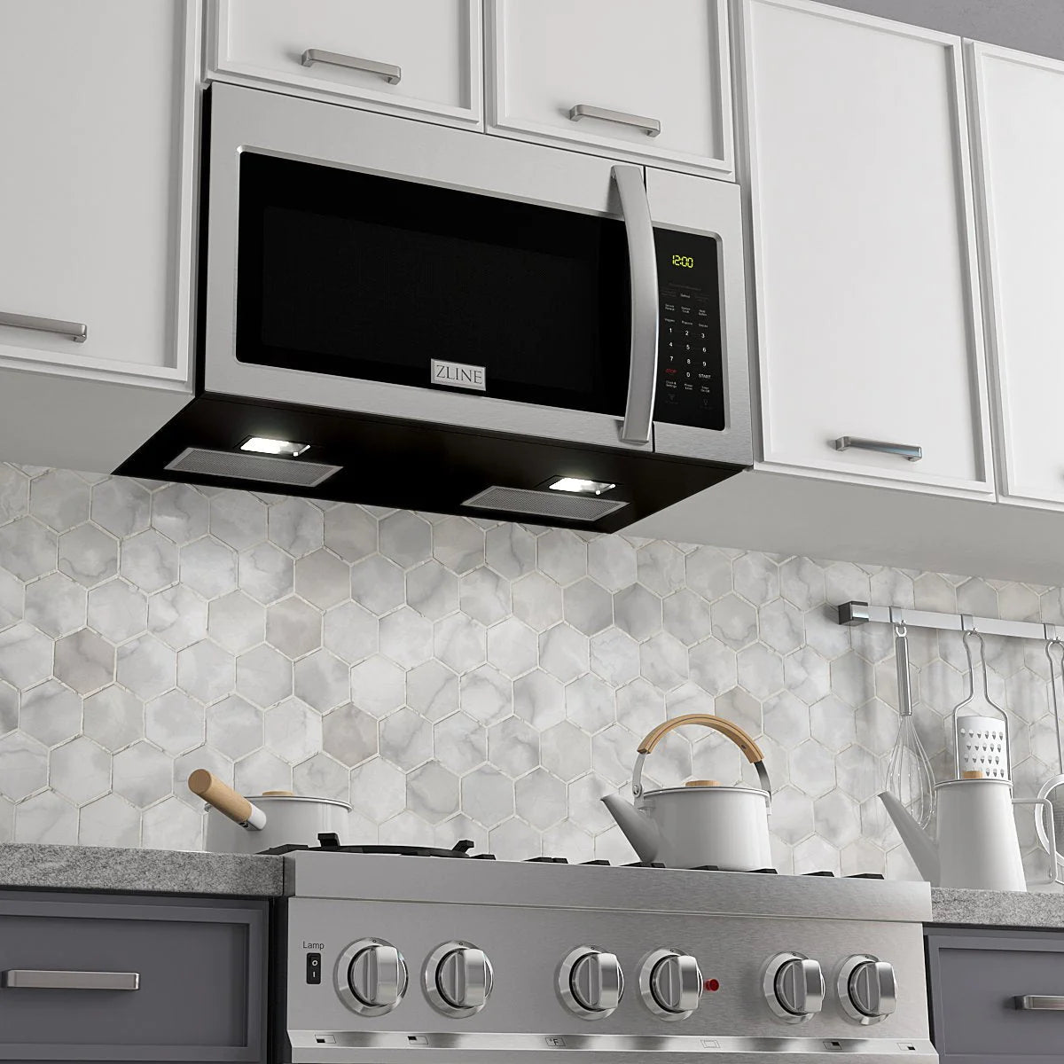 Stainless over-the-range microwave with vent hood and side control keypad