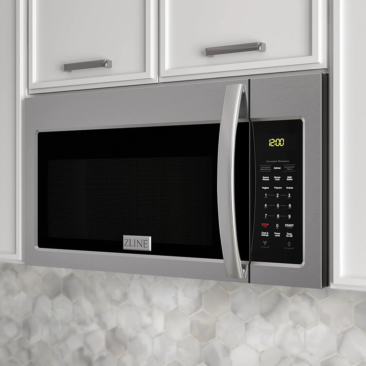 Over-the-range microwave installed in cabinetry with digital display