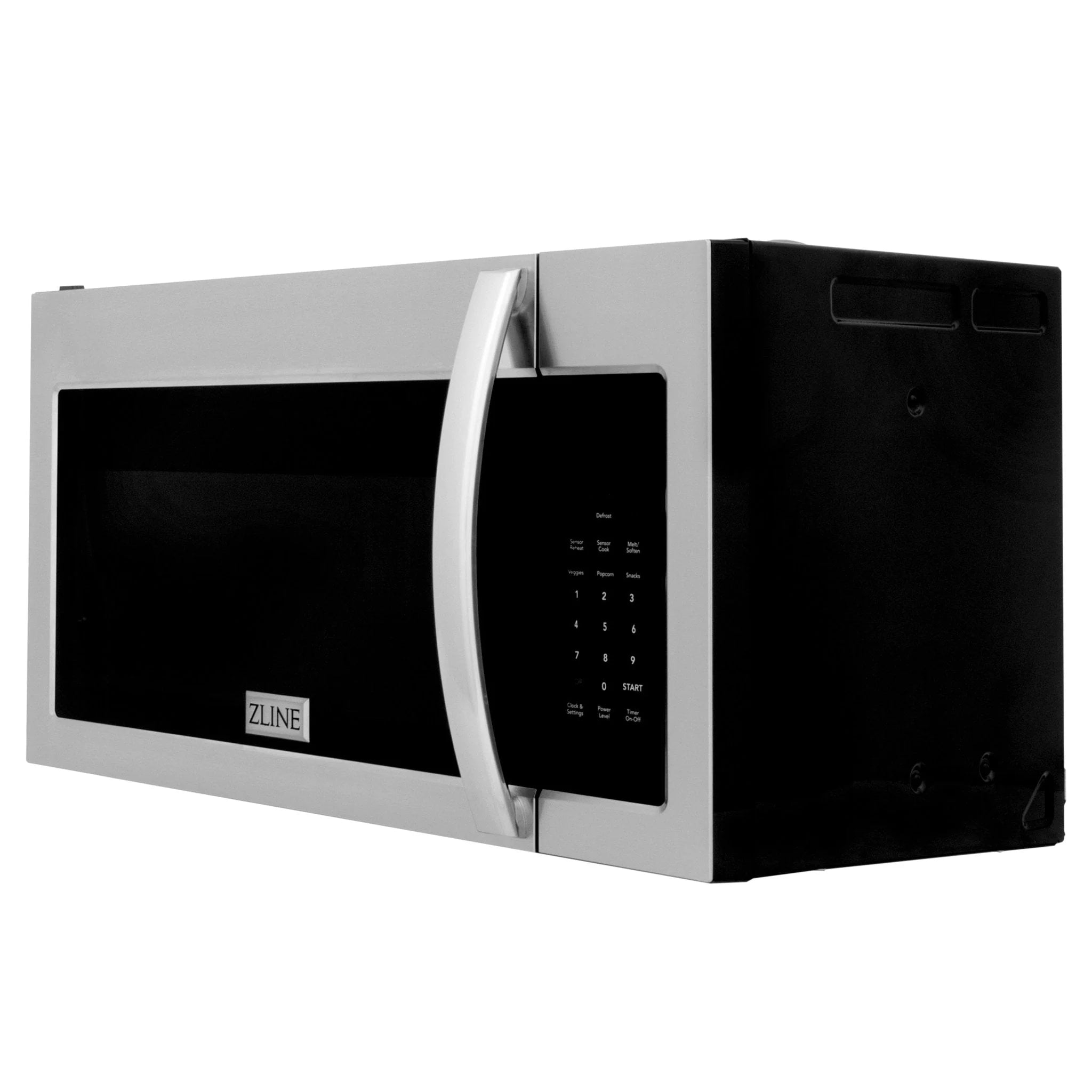 Over-the-range microwave with open door and digital control panel