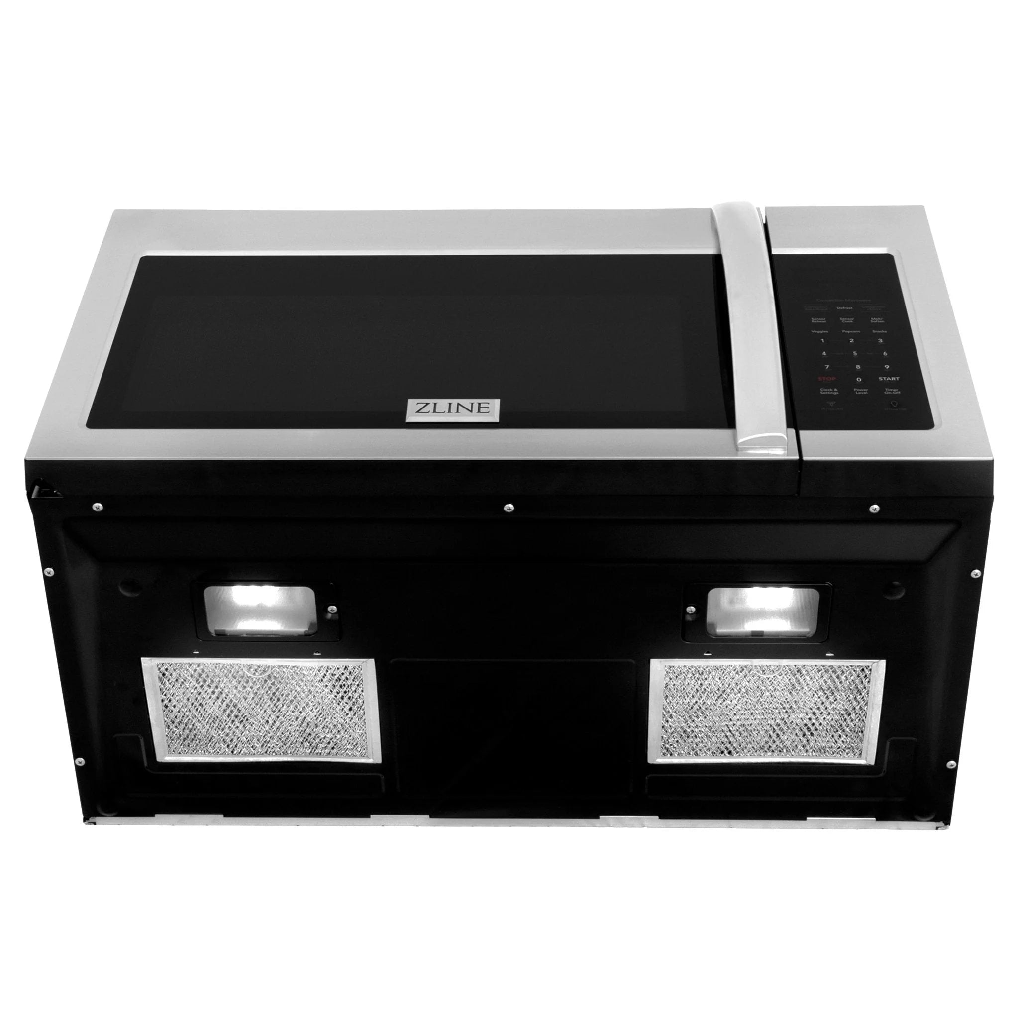 Over-the-range microwave with front access open and hood filter panels