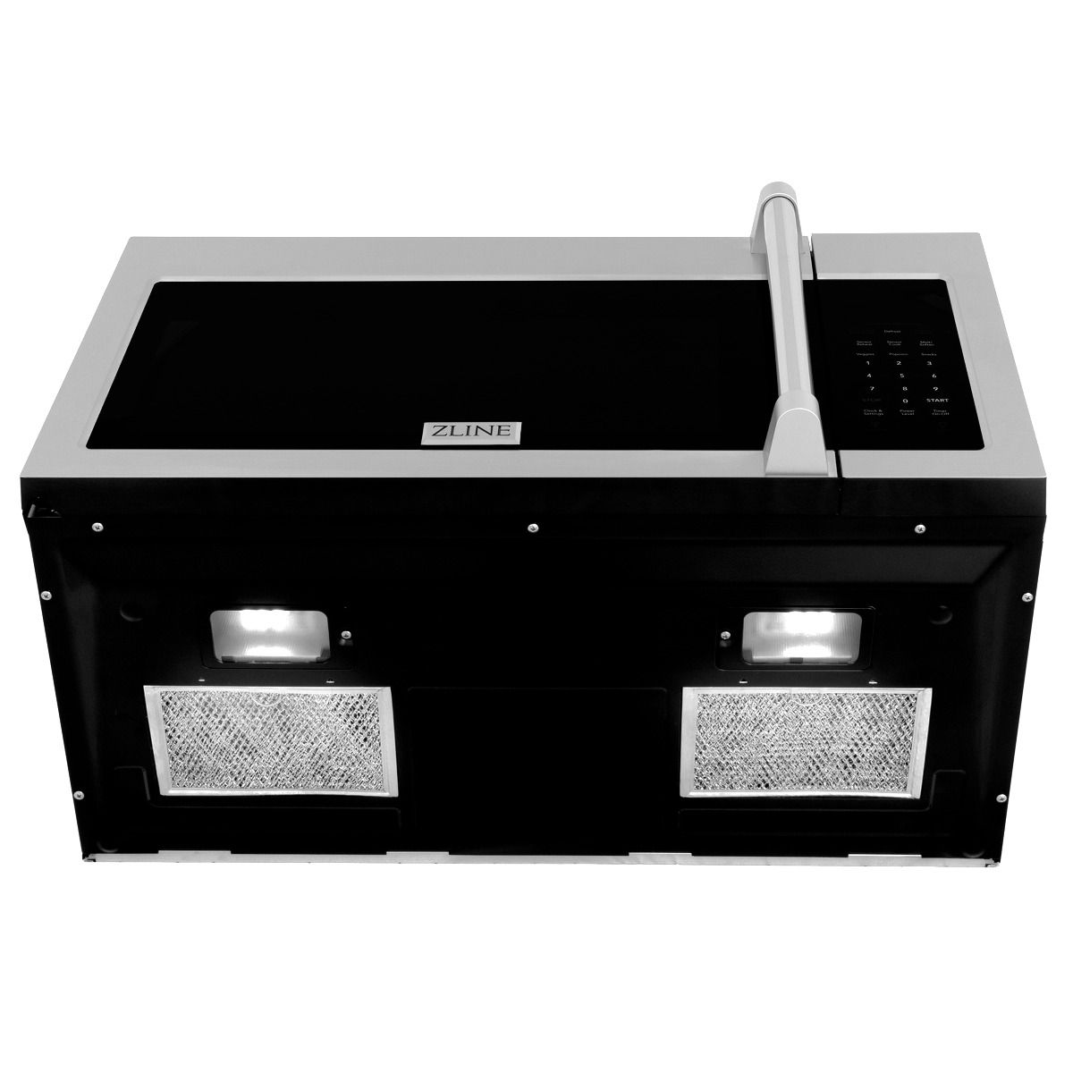 Over-the-range microwave oven front with black window, vents, and control keypad