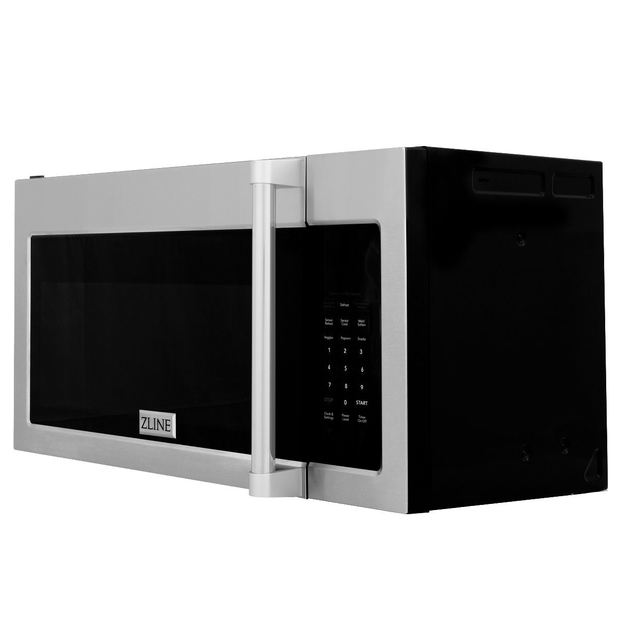 Over-the-range microwave oven with black glass door and stainless trim