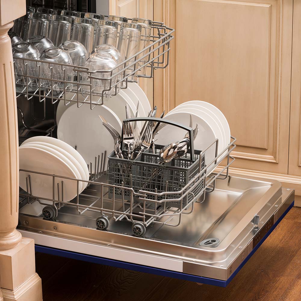 Open blue dishwasher with stainless tub and stacked dishes on wire racks