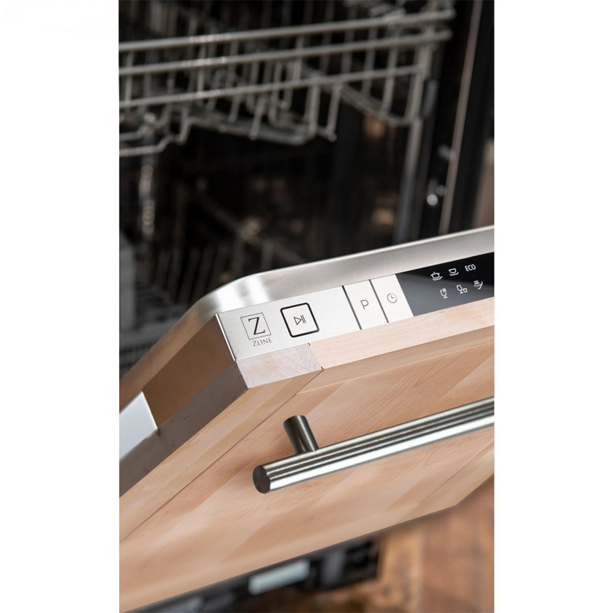 Top control area and handle on dishwasher with unfinished wood door panel