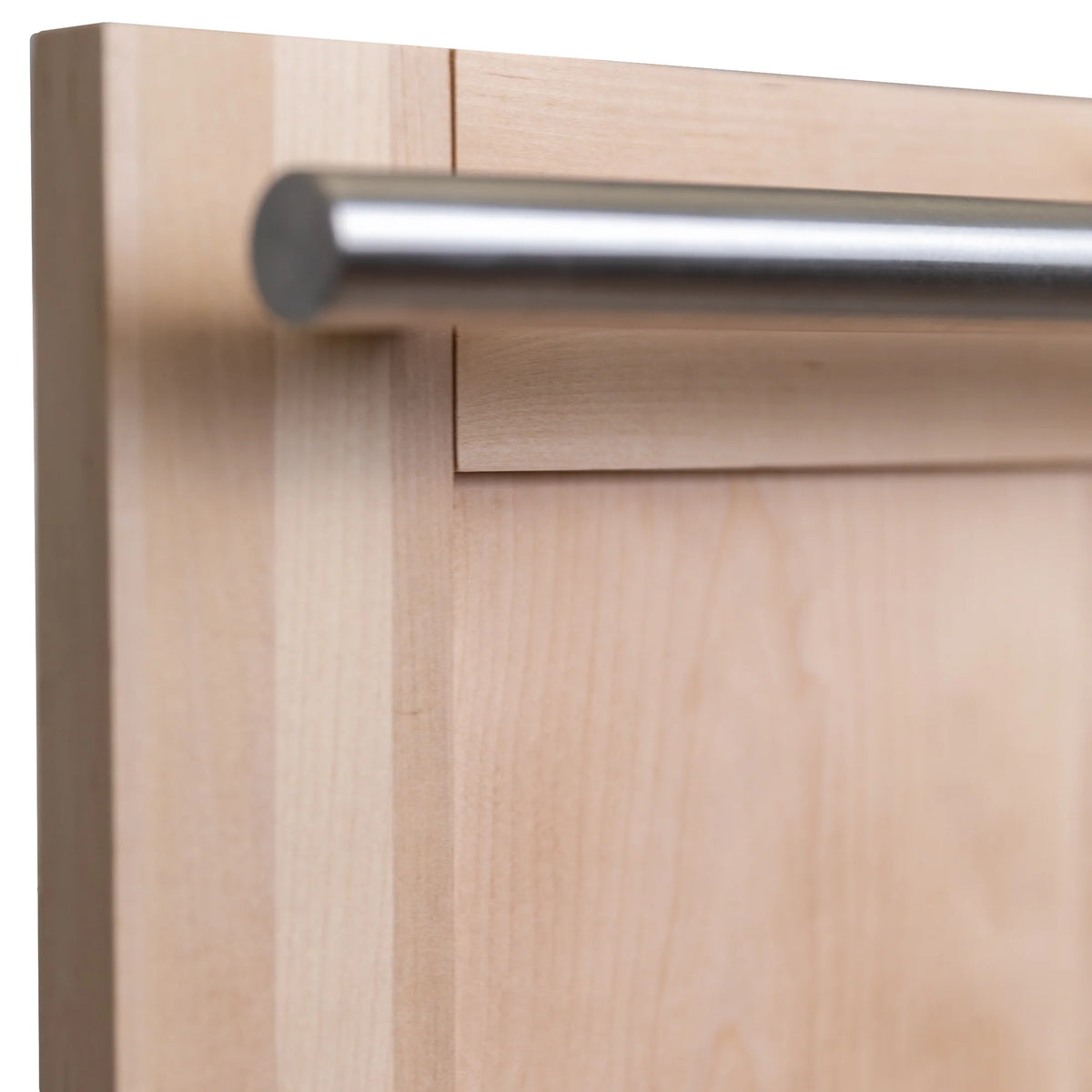 Close-up of modern stainless handle on unfinished wood dishwasher door