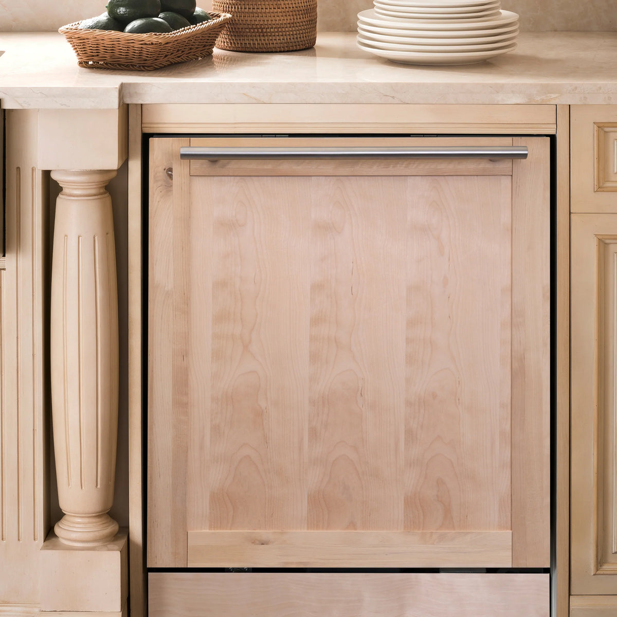 24-inch built-in dishwasher door panel, unfinished light wood with modern top handle