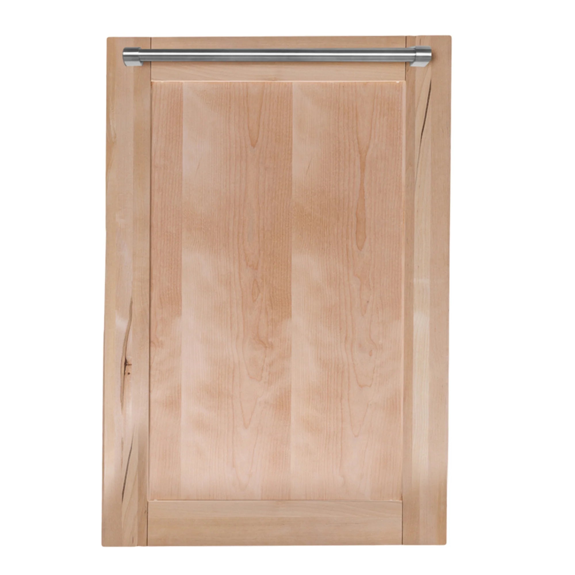 Unfinished wood dishwasher front panel with stainless top handle bar