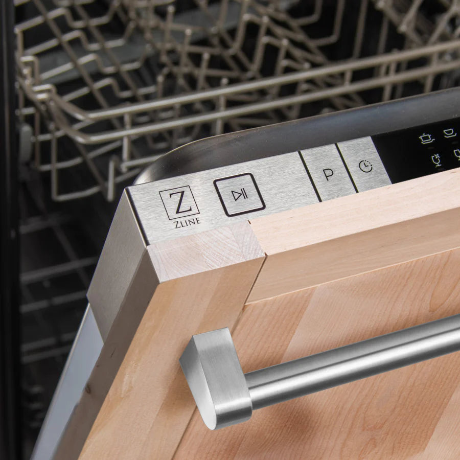 Dishwasher control panel with ZLINE logo and silver handle on wood door