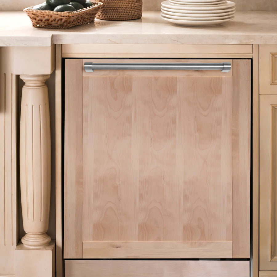 Built-in dishwasher with unfinished wood door and silver bar handle