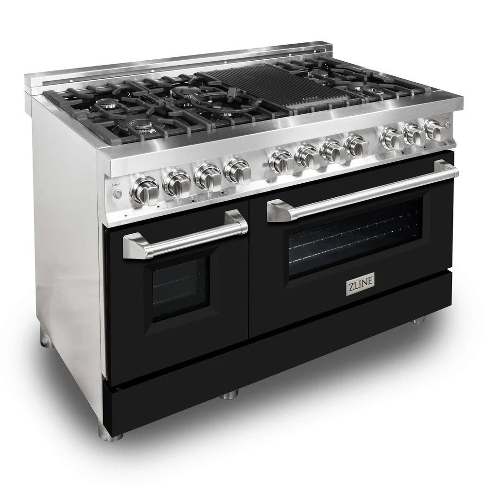 Stainless steel dual fuel range with black doors, long handles, and burner controls