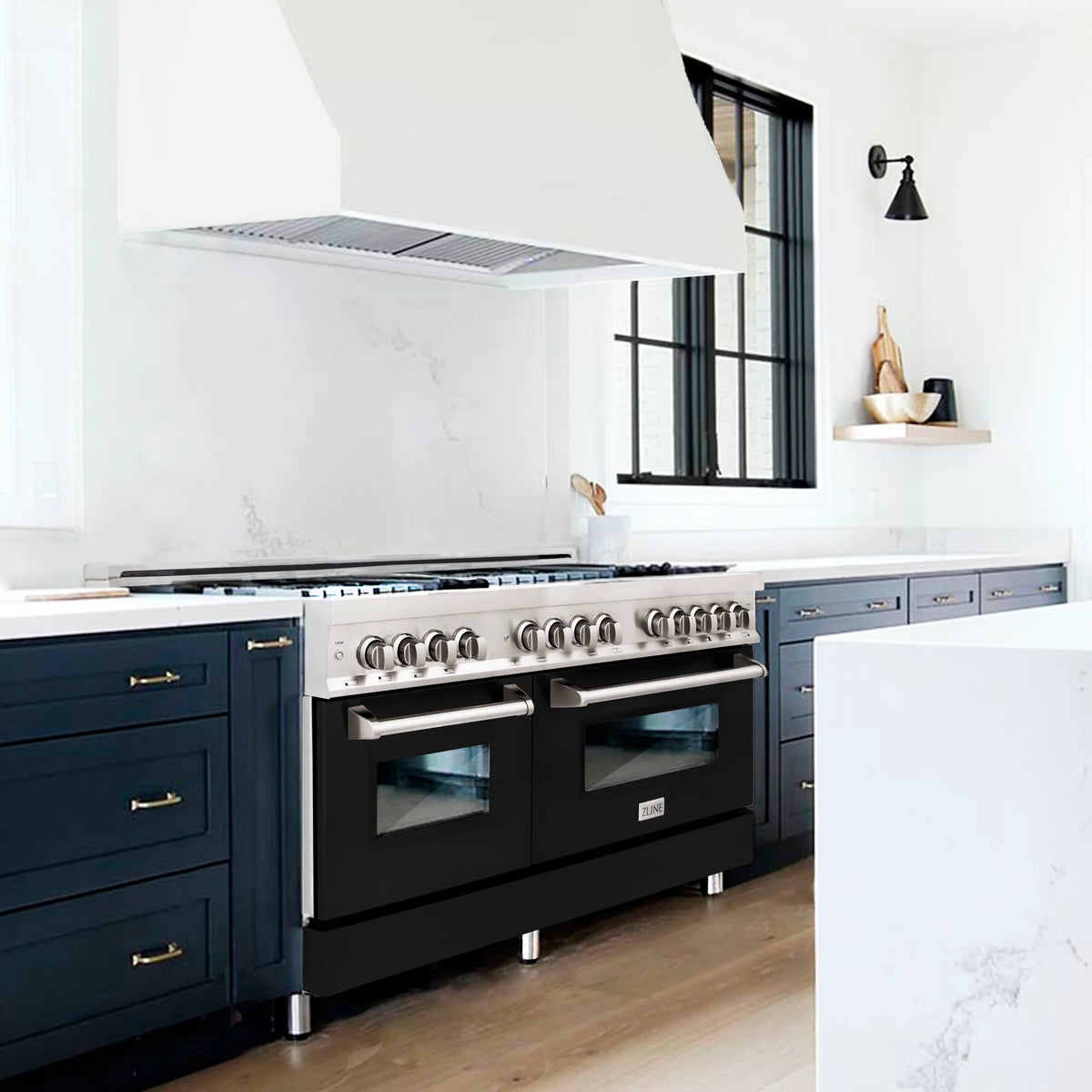 ZLINE 60-inch Legacy Series Dual Fuel Range with 9 Gas Burner Stove and 7.4 Cu. Ft. Electric Oven in Stainless Steel and Black Matte Door in a kitchen