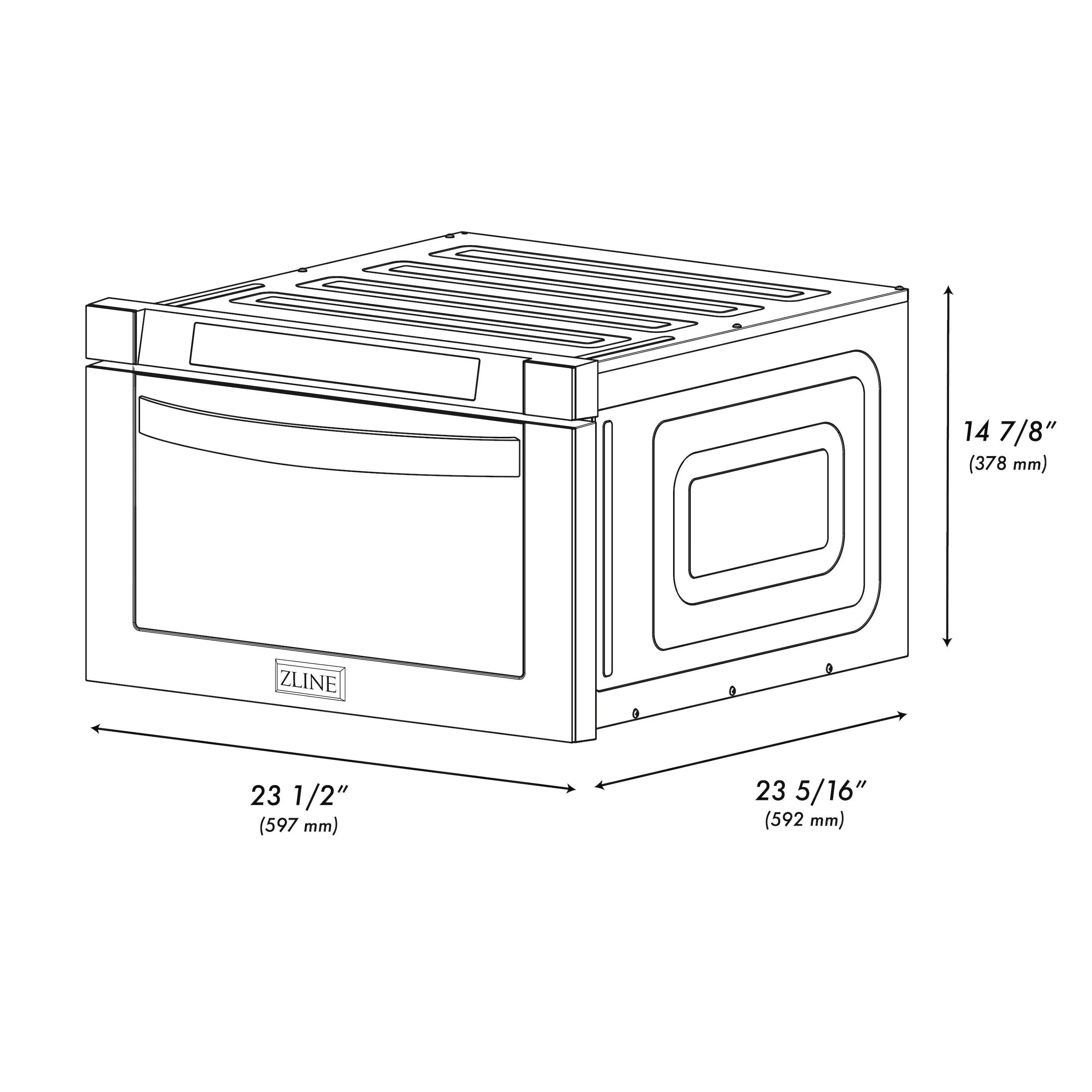 Microwave drawer dimensions diagram, 14 7/8 in H and 23 1/2 in W