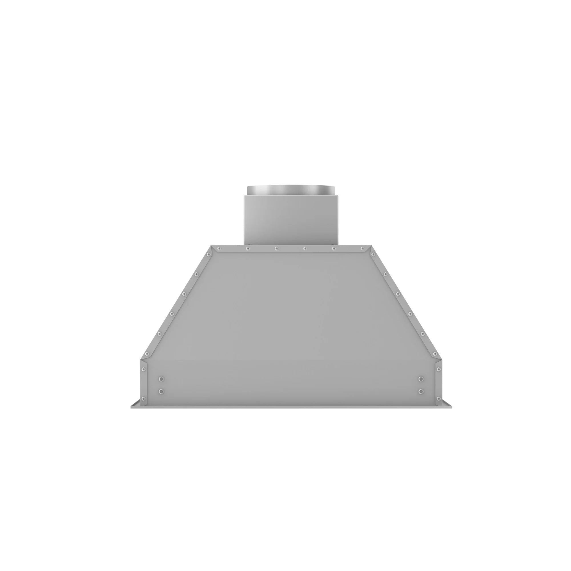 Stainless steel range hood insert front view with round duct collar and recessed mounting points